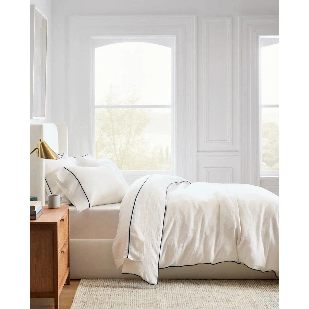 Quince European Linen Piped Duvet Cover Set Full Queen White Navy $184 Retail